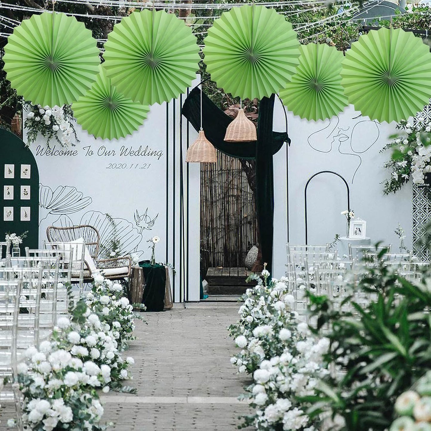 Green Hanging Paper Fans,Green Accessories Paper Decorations for Party,Army Birthday Party Decorations,Lime Green Decor 16in Hanging Paper Fans 30 Color DIY Set (Light Green))