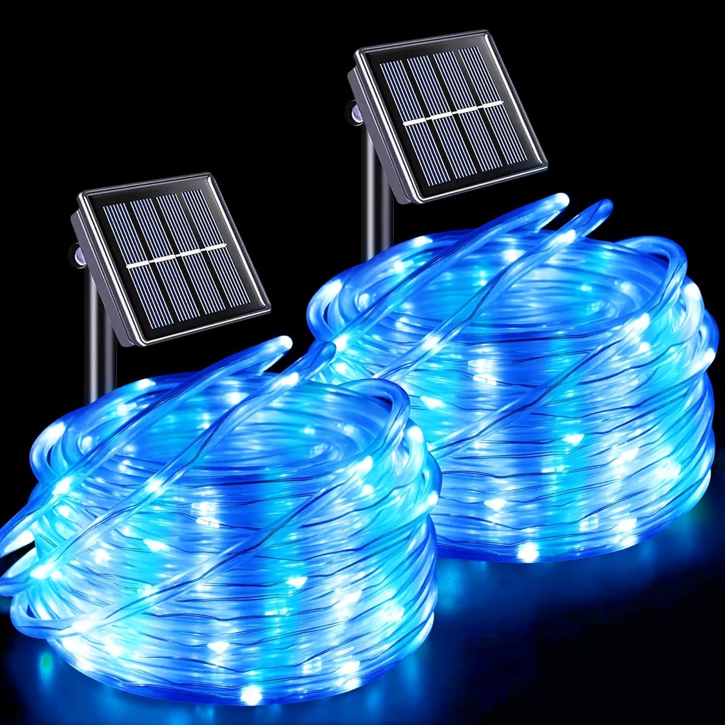 YEGUO Solar Rope Lights Outdoor Waterproof LED, 2 Pack Each 33ft 100 LED String Lights Outdoor, Clear PVC Tube White and Blue Solar Christmas Lights