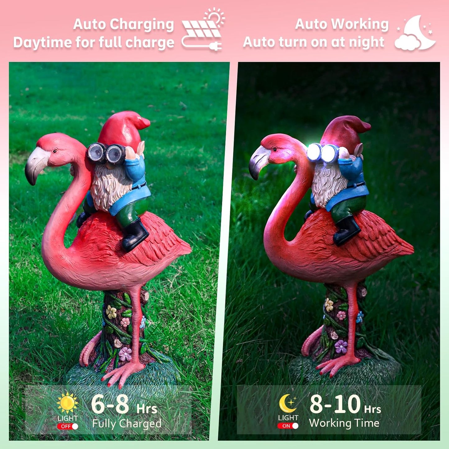 Solar Flamingo Gnome Garden Decor Statue, Outdoor Funny Solar Light Decoration for Yard, Patio, Lawn, Unique Housewarming, Birthday Gift for Women, Mom, Grandma