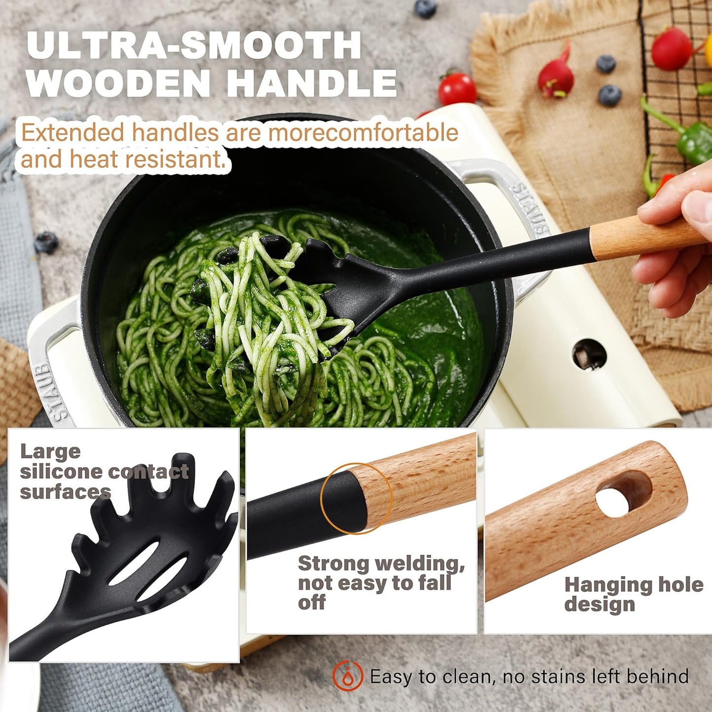 QMVESS Silicone Cooking Utensils Set, Kitchen Utensils Set 7 Pcs with Long Wooden Handle, Food Grade and Heat Resistant Large Silicone Spatula Set for Nonstick Cookware, BPA Free(Black)