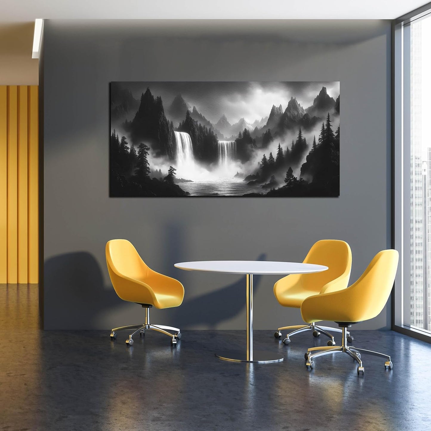 HUBOSKN Waterfall Pictures Wall Decor for Living Room - Mountain Wall Art for Office - Black and White Canvas Wall Art for Bedroom Size 24" x 48"