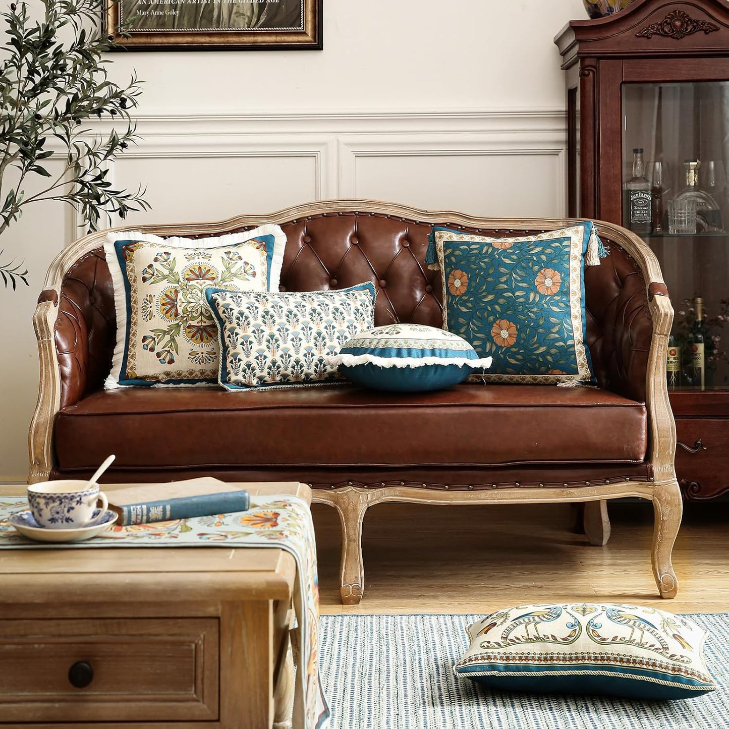 patdrea Designer Throw Pillow Covers Set of 4,French Vintage Blue Linen with Floral Collection Pattern Pillow Cover,Decorative Rectangle and Square Pillowcases Cushion for Bed Living Room Outdoor