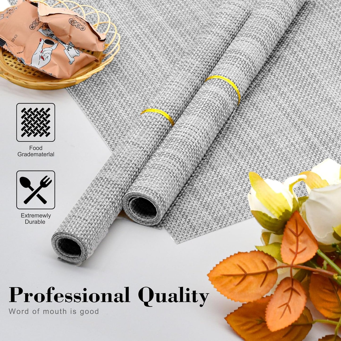 Placemats Set of 6 Washable Indoor/Outdoor Vinyl Place Mats for Dining Table Durable Non-Slip Heat Resistant PVC Weave Table Mats(Gray)