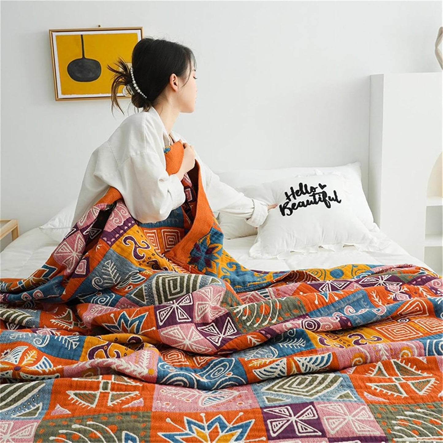 Cotton Throw Boho Blanket for Couch Bed,Cotton Quilted Boho 80''x90'' Muslin Blankets Travel Mexican Super Soft Blanket