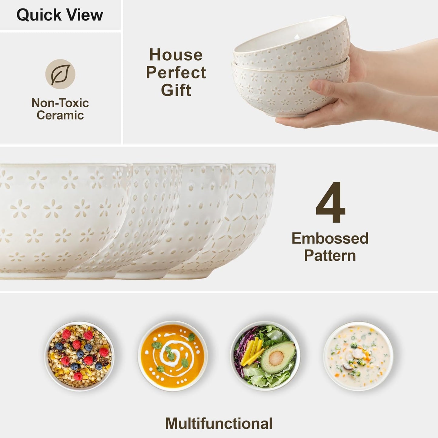 MALACASA Cereal Bowls, 30 Ounce Ceramic Soup Bowl for Kitchen, Stoneware Bowls Set of 4 with Embossment for Pho, Chip, Fruits, Salad, Noodle, Ramen - 6 Inch, Arctic White Series LYDIA
