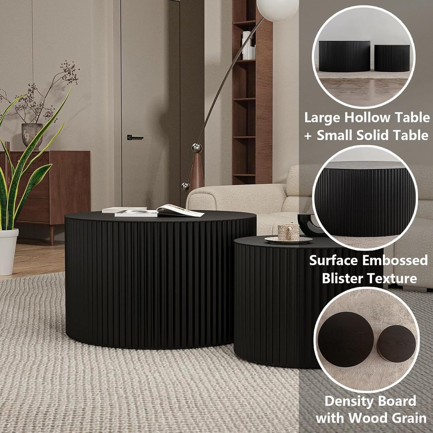 Modern Black Nesting Coffee Table Set of 2 Handcraft Fluted Coffee and End Table Sets Wooden Drum Small Round Side Table Funky Center Tables for Living Room,No Assembly,Black Small