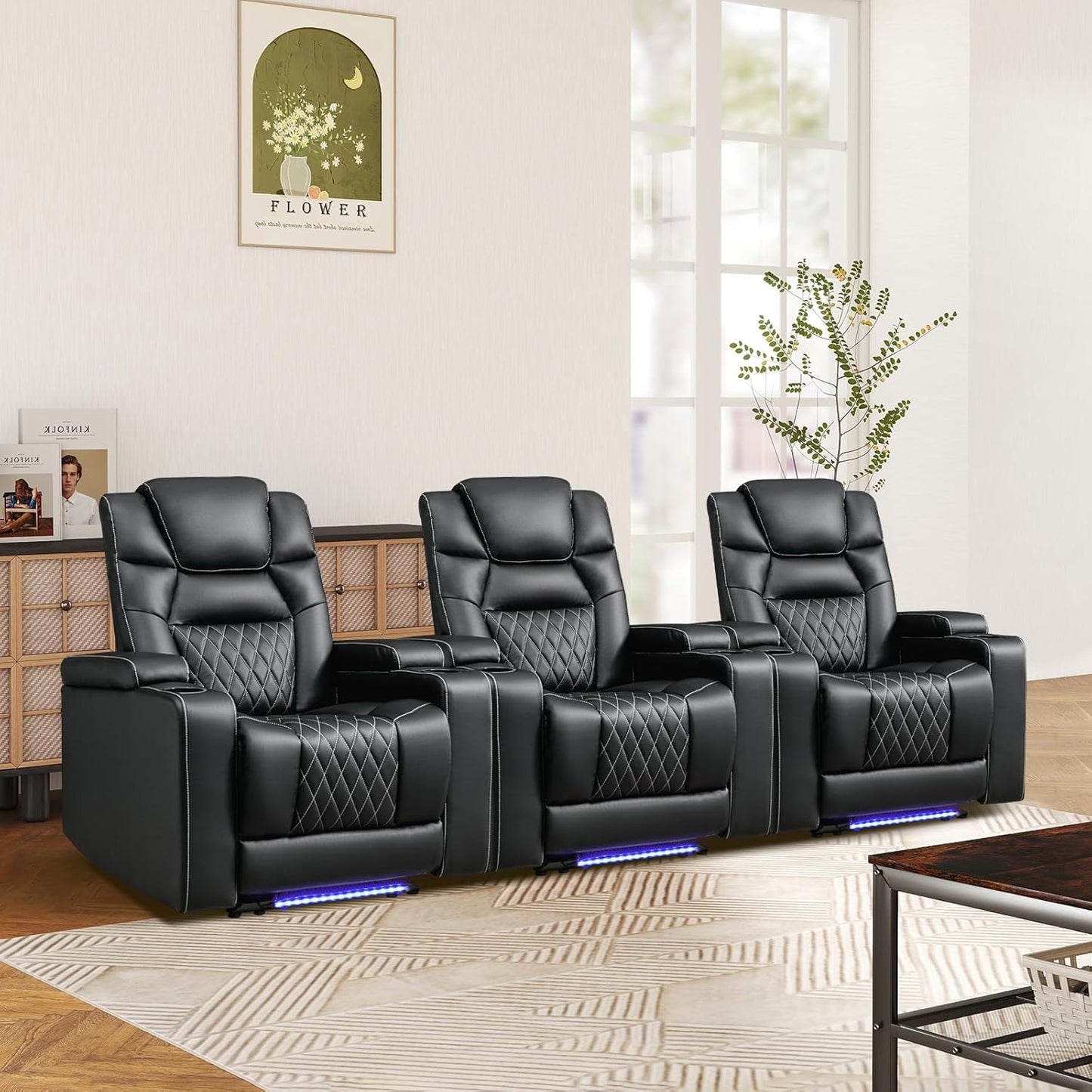 ANJ Power Home Theater Recliner Chair Set of 3, Electric Movie Theater Seating Reclining Chairs with Cup Holders for Living Room, Faux Leather with Blue LED, USB Ports, Hidden Arm Storage (Black)