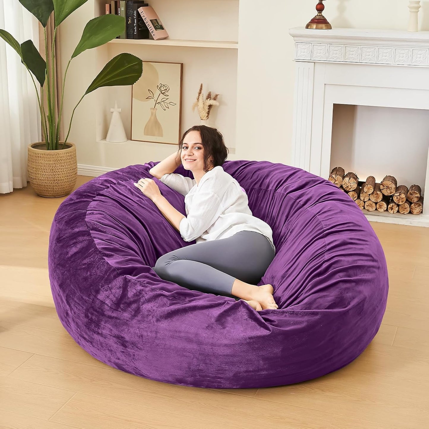 Bean Bag Chairs for Adults - Memory Foam Furniture BeanBag Chair - Kids/Teens Sofa with Soft Micro Fiber Cover - Round Fluffy Couch for Living Room Bedroom College Dorm - 4 ft, Purple