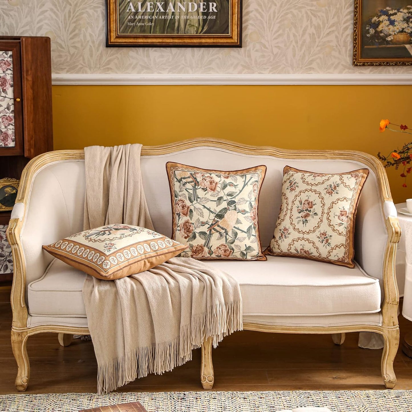 patdrea Designer Vintage Floral Throw Pillow Covers for Couch Set of 4,Brown Yellow Linen Pillowcases with Bird and Rose Pattern Decorative Cushion Cover for Bedroom Living Room Outdoor Car Cafe