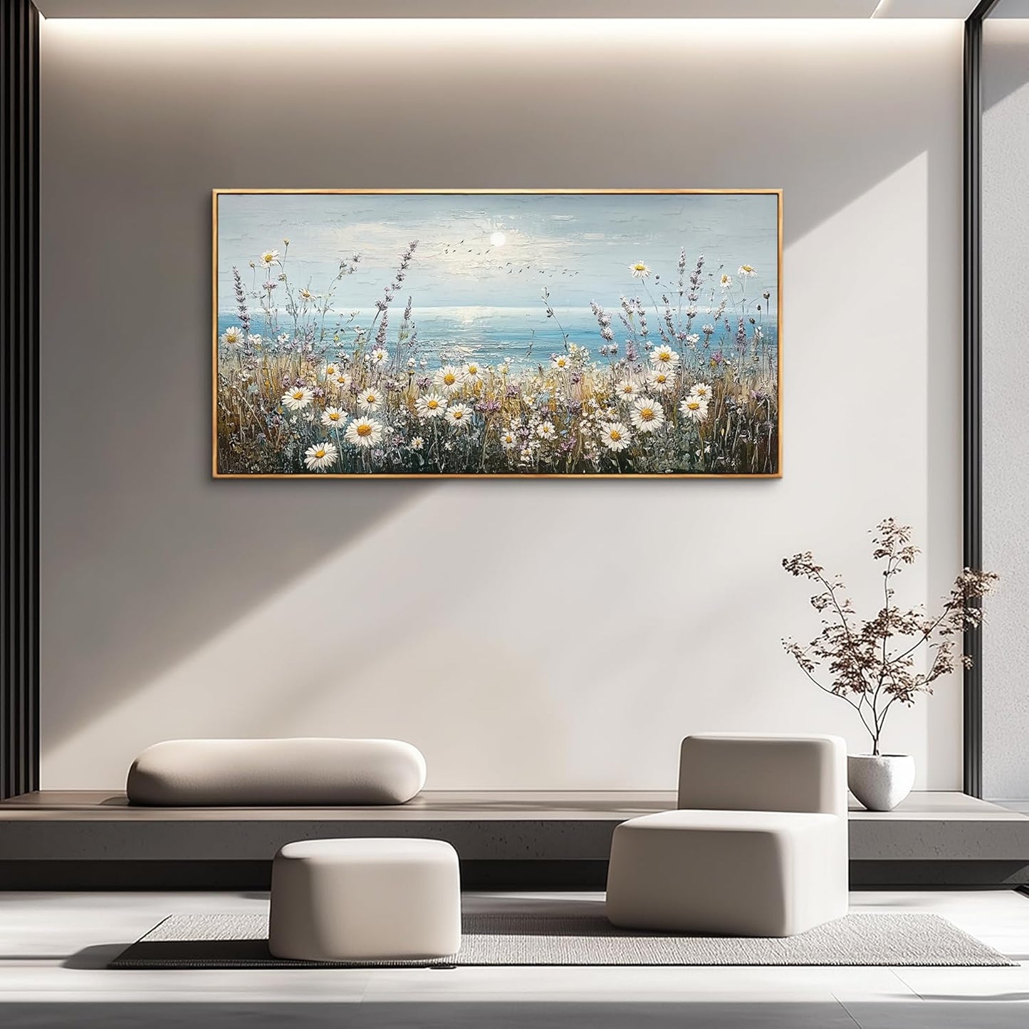 PHAOHUAXM Wall Decor For Living Room Wall Art For Bedroom Office Decorations Blue Ocean Paintings Flowers Watercolour Wall Pictures Canvas Artworks Home Decor Ready To Hang Wood Framed 20x40 In