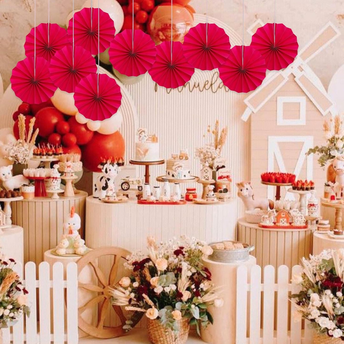 Red Birthday Decorations,DIY Red Paper Fans Hanging Decoration ,Party Supplies Party Fans 8in, Wedding Graduation Events Accessories 30 Color DIY Set (Red)