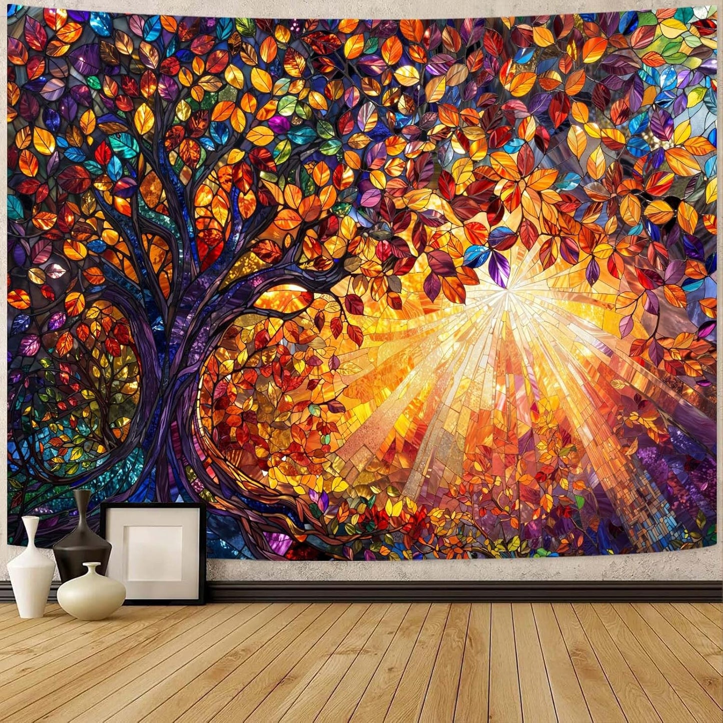 Lunerfex Tree of Life Tapestry Stained Glass Tapestry Wall Decor Tapestries for Bedroom Art Tapestries Wall Hanging for Bedroom Living Room Glass-Tree-03 60"x80"
