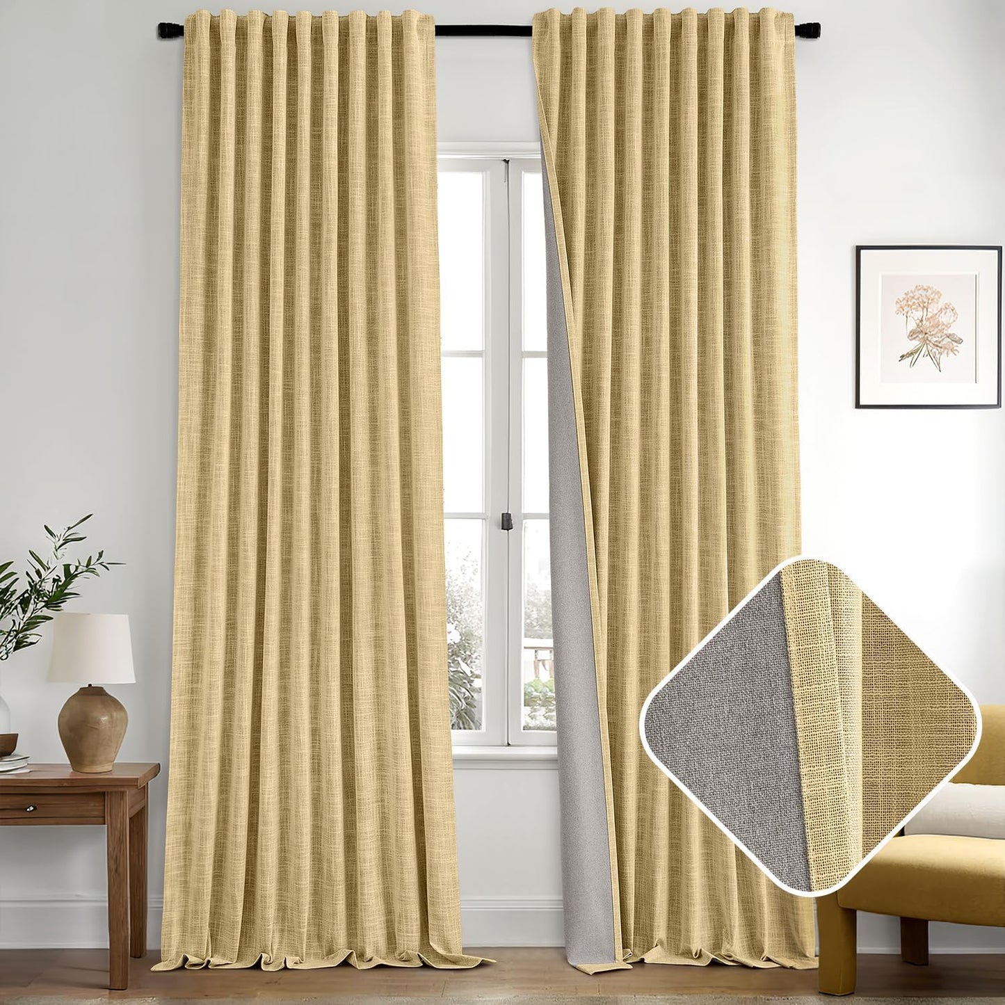 MIULEE Yellow 100% Blackout Linen Curtains 108 Inch 2 Panels Set Double Sided No Coating Pleated Back Tab Black out Extra Long Thermal Insulated Pinch Pleat Bedroom Living Room Darkening Window Drapes