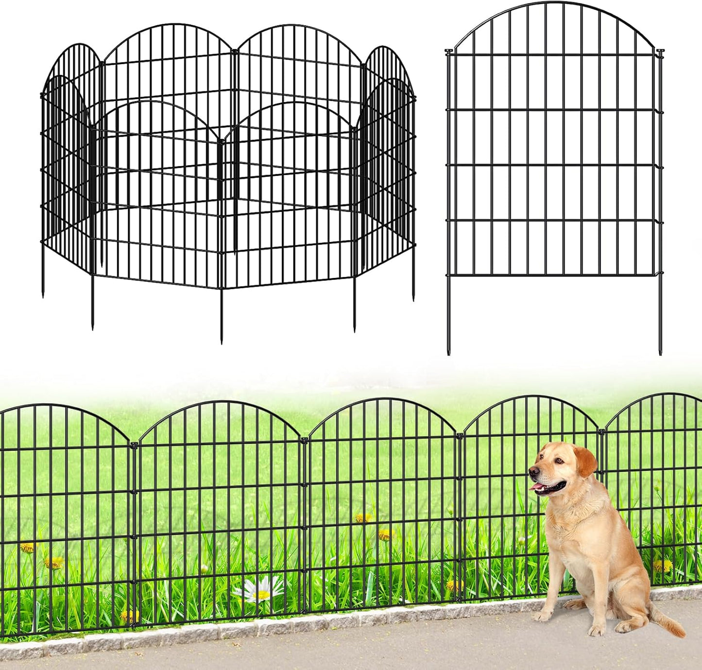Metal Garden Fence 36in (H) x 18.7ft (L), 8 Panels +9 Stakes Dog Fence Border Fence Animal Barrier, No Dig Garden Fencing for Yard Flower Bed Lawn Patio Outdoor,CTW3608 Black