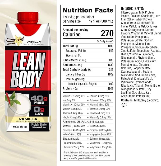 Lean Body Ready-to-Drink Vanilla Protein Shake, 40g Protein, 0 Sugar, 22 Vitamins 17 Fl 12) LABRADA