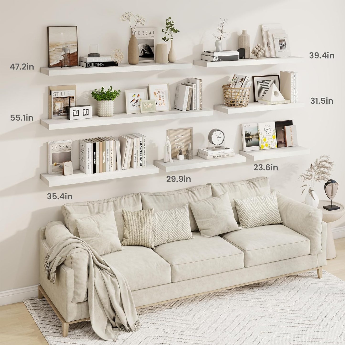 Fun Memories 55 Inch Fireplace Mantel Shelf -Long Floating Shelves, Deep Wall Mounted Farmhouse Display Shelves with Invisible Heavy Duty Metal Bracket, White, 2 Pack