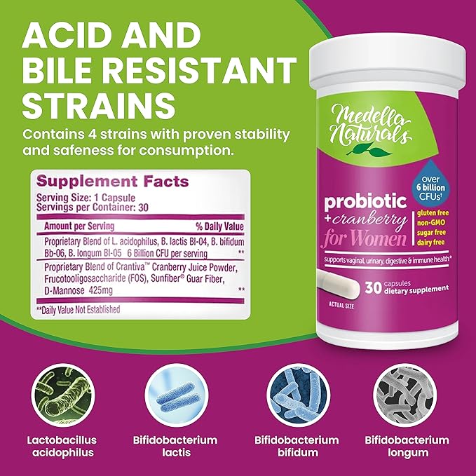 Women’s Probiotic + Prebiotic with Cranberry 6 Billion 4-Strain Prebiotic 30 Veggie