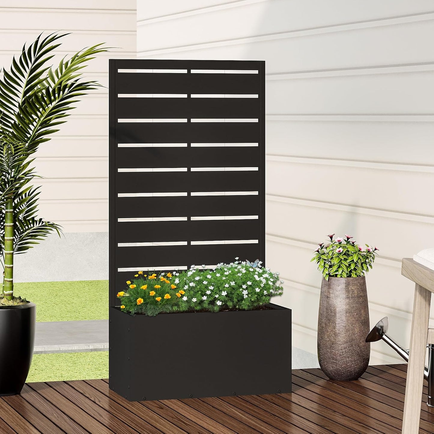 Casaphoria Metal Raised Garden Bed, 47"x24"x12" Planter Box for Climbing Plants, Vegetables & Vines, Features Drainage Holes and Privacy Screen (Black-Louvered)