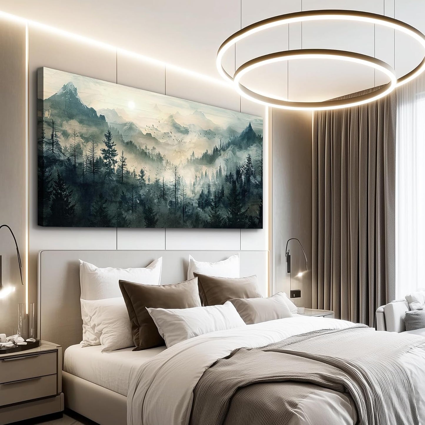 KELIYUAN Misty Forest Wall Art Home Decor Mountain View Large Canvas Wall Painting Nature Landscape Painting For Living Room Bedroom Office Modern Printed Artwork Can Be Hung Directly 24x48 Inches