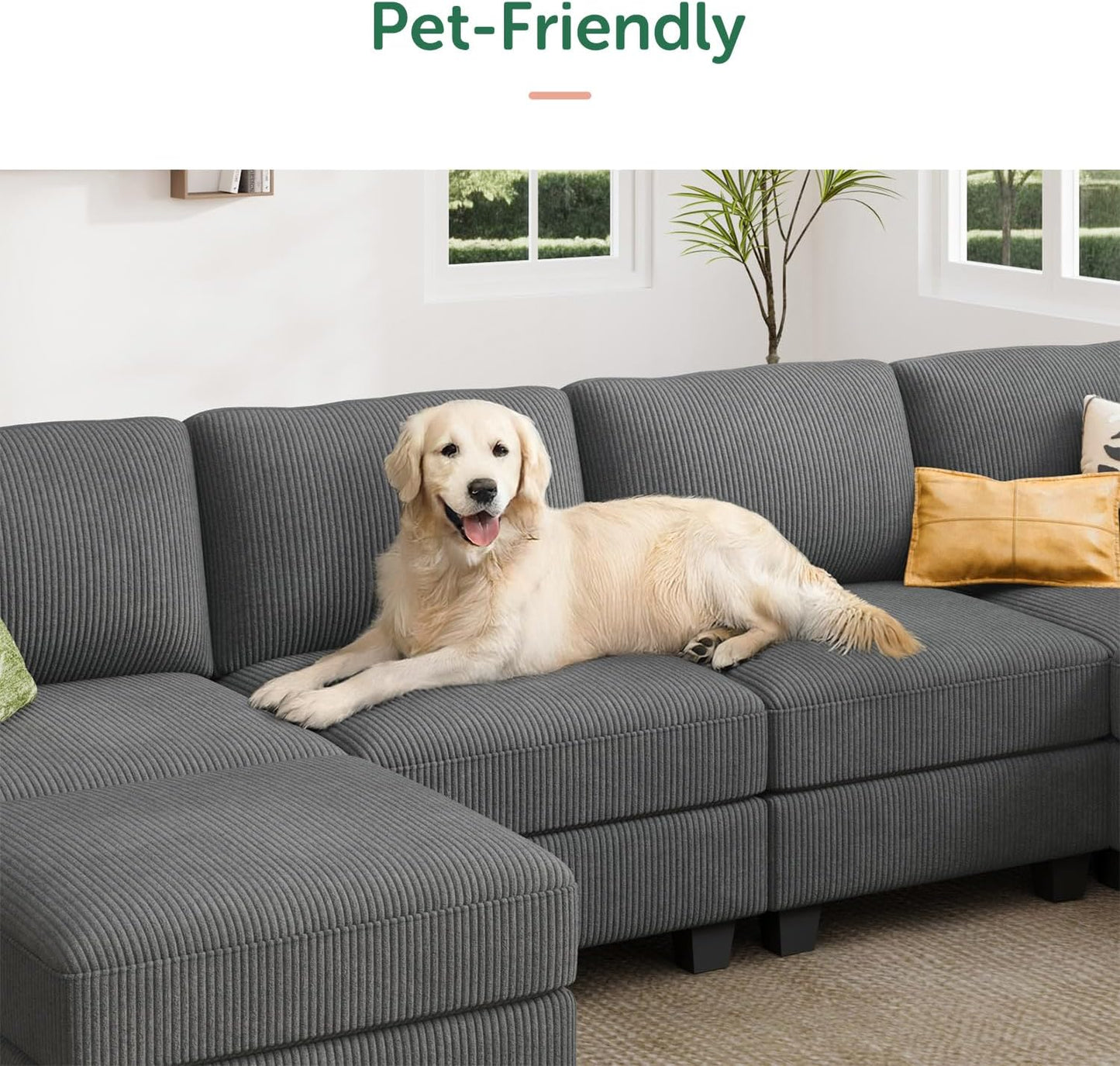 HONBAY Corduroy Sectional Sofa with Storage, U Shape Modular Sectional Sofa with Chaise, Modular Couches for Living Room, Dark Gray