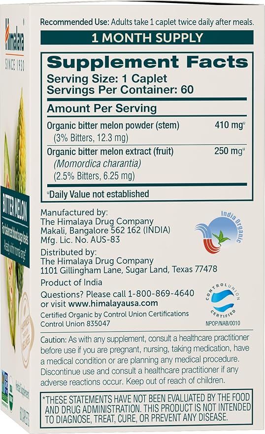 Himalaya Organic Bitter Melon for Glucose 660 mg, 60 Caplets, 1 Month