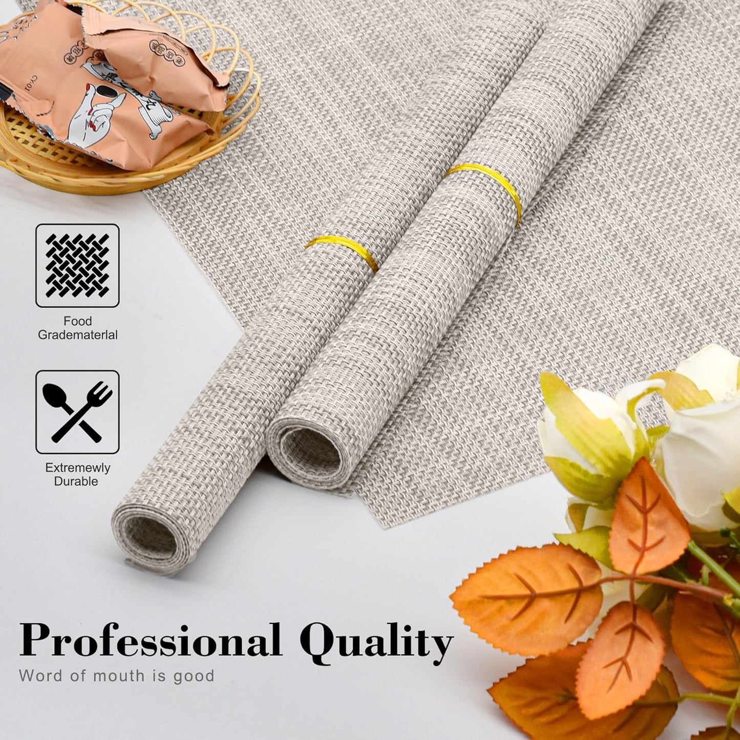 CADONO Placemats Set of 4 Washable Indoor/Outdoor Vinyl Place Mats for Dining Table Durable Non-Slip Heat Resistant PVC Weave Table Mats(Gold Cube)