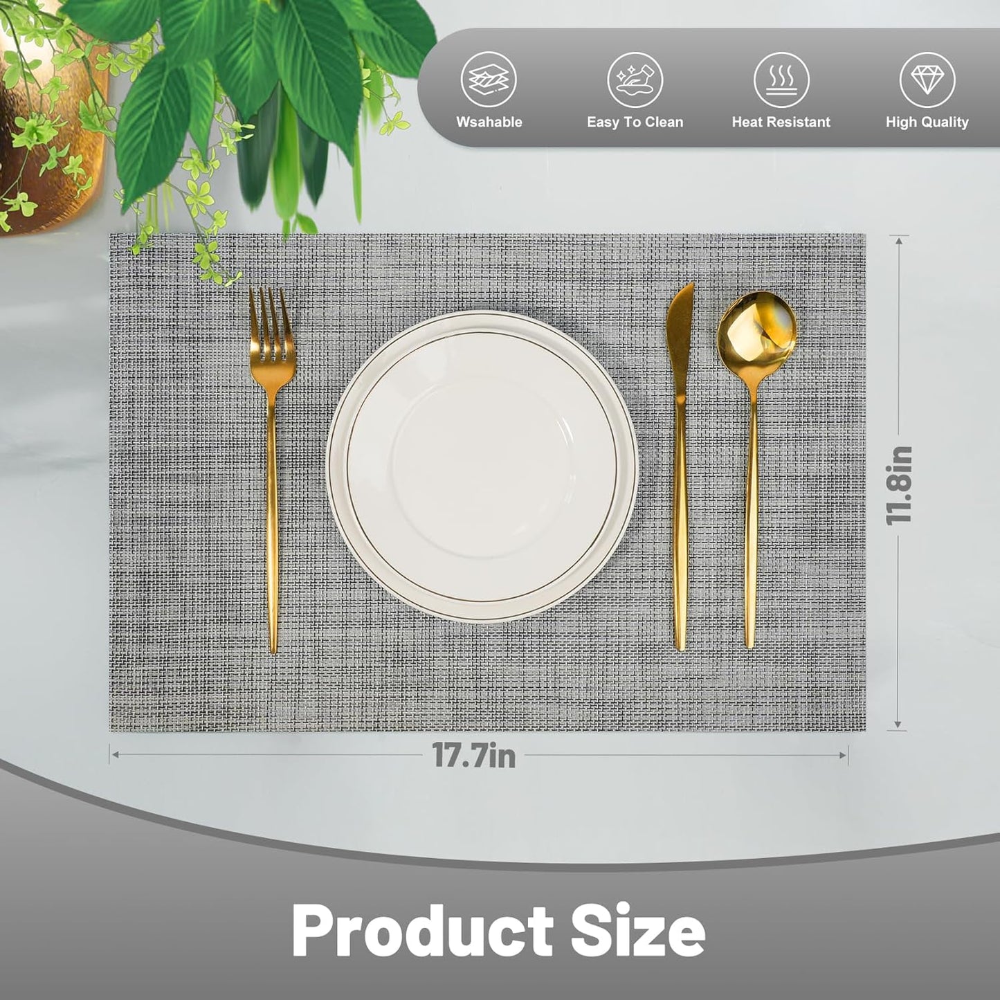 Placemats Set of 8,Non-Slip PVC Weave Table Mats Easy to Clean,Heat Resistant Place Mats for Kitchen Dining Table Decoration Indoor Outdoor,Gray