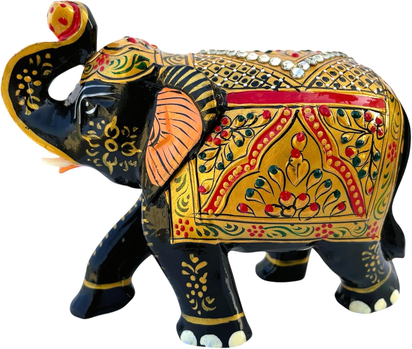 Handcrafted Wooden Elephant Figurine β Traditional Artwork, Gold & Gemstone Embellishments β Lucky Decorative Elephant Statue for Prosperity | Beautiful Elefantes Decorativos para Sala (Black & Gold)