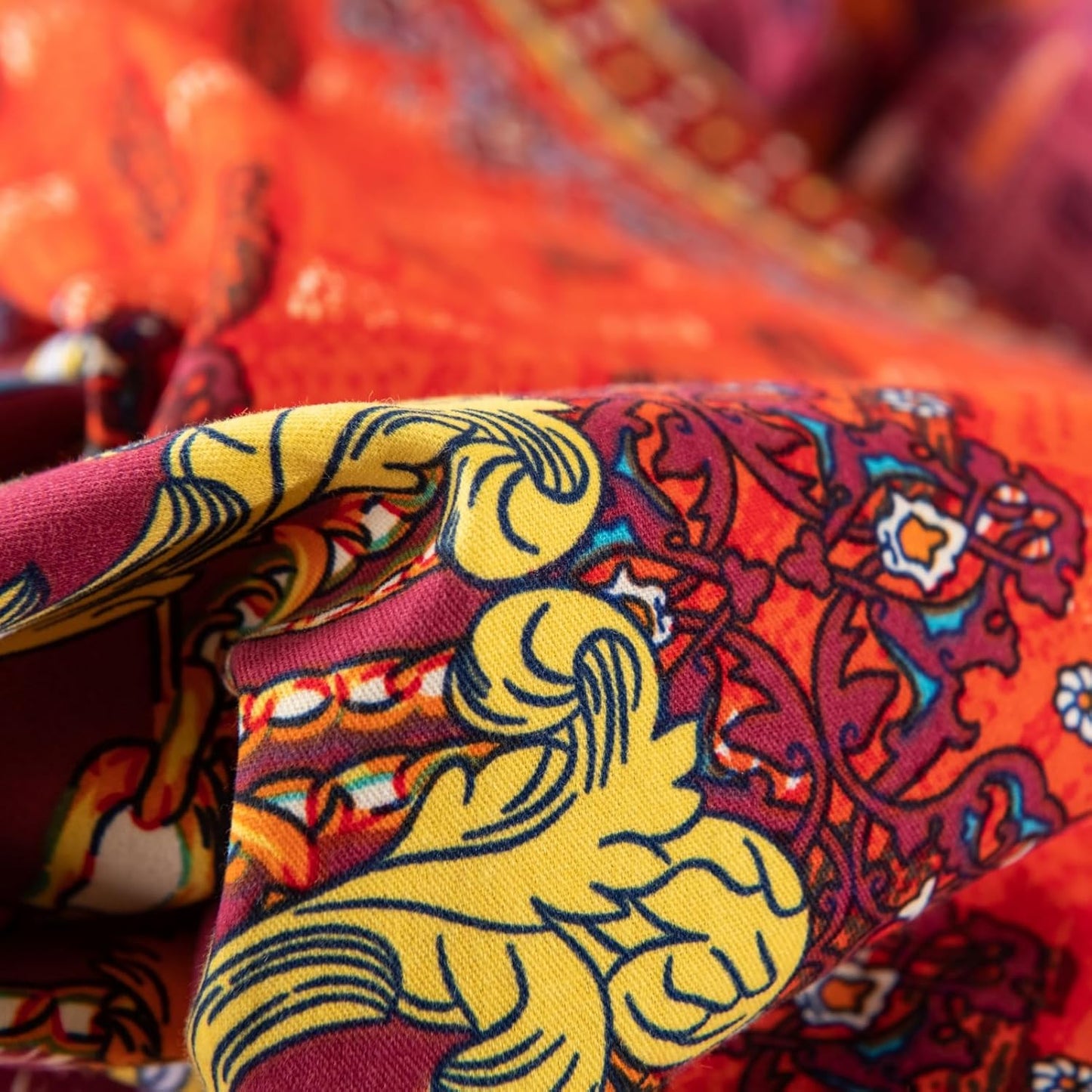 ABREEZE Bohemian Duvet Cover Set Colorful Orange Boho Retro Bedding Set Damask Paisley Cotton Duvet Cover Tribal Reversible Bedding Exotic Style Comforter Cover 3-Piece King
