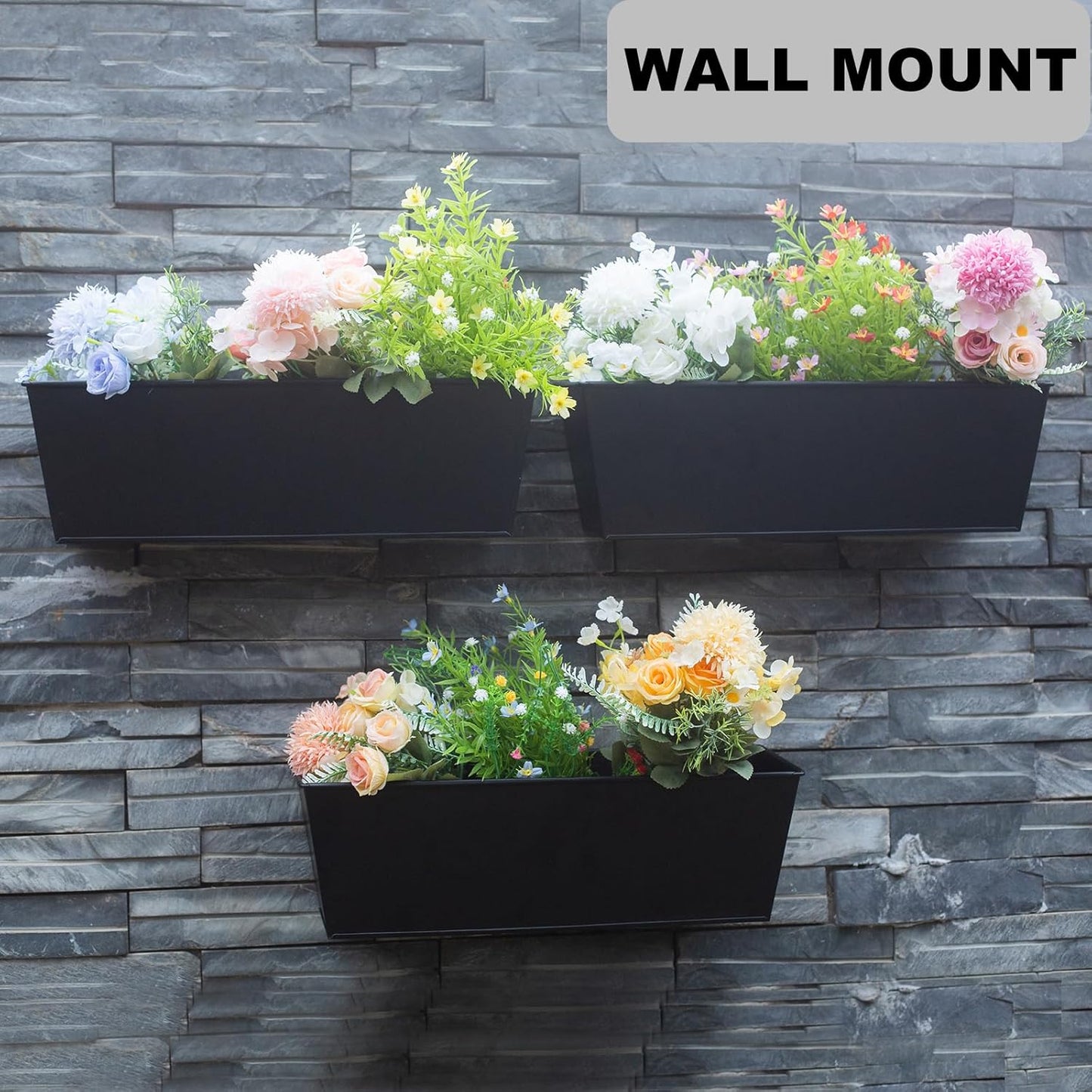 Wall Hanging Planters for Outdoor Plants 16 Inch Large Metal Fence Pots with Hooks for Outside Garden Balcony Plants 3PCS(Black)