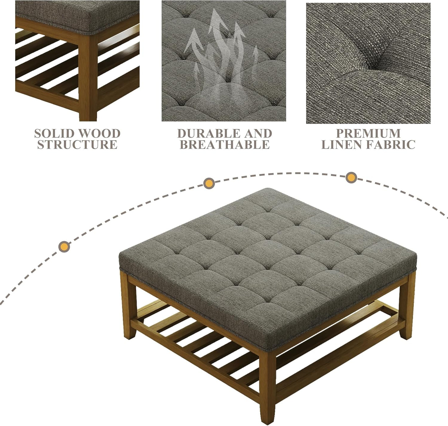 Large Square Ottoman Coffee Table, Linen Solid Upholstered Footrest Ottoman with Solid Wood Shelf Storage Tufted Coffee Table for Bedroom Living Room, Granite