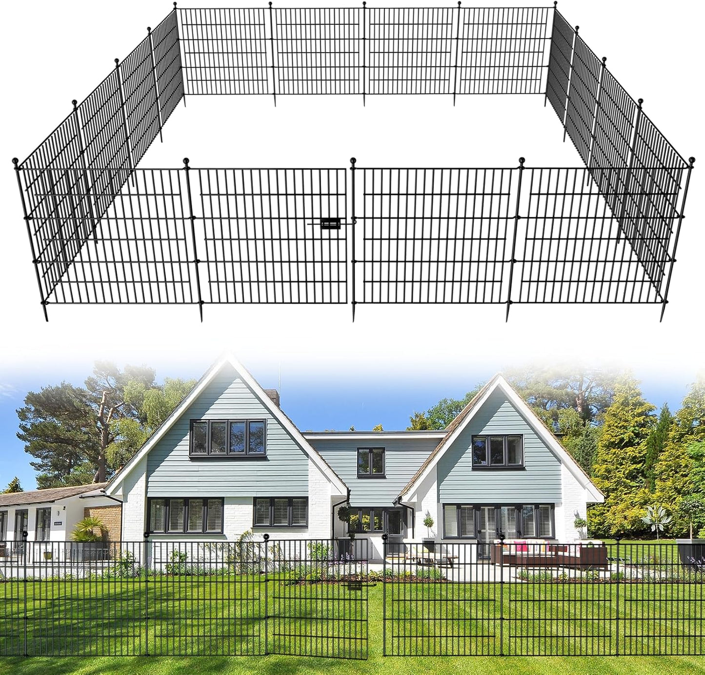 15 Panels No Dig Decorative Outdoor Garden Fence with Gate for Yard, 32 in(H) X 35.4 ft(L) Animal Barrier Fencing Rustproof Metal Wire Panel Border for Dog, Rabbits, and Patio Temporary Ground Stakes
