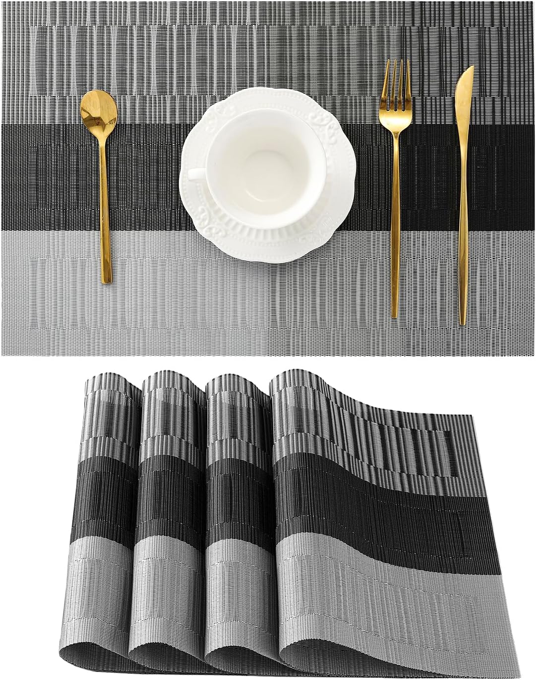 Leetaltree Grey with White Striped Placemats Set of 4 - Heat Resistant Non-Slip Place mats for Dining Table, Washable Durable PVC Vinyl Woven Table Mats(Grey Stripe, 4)
