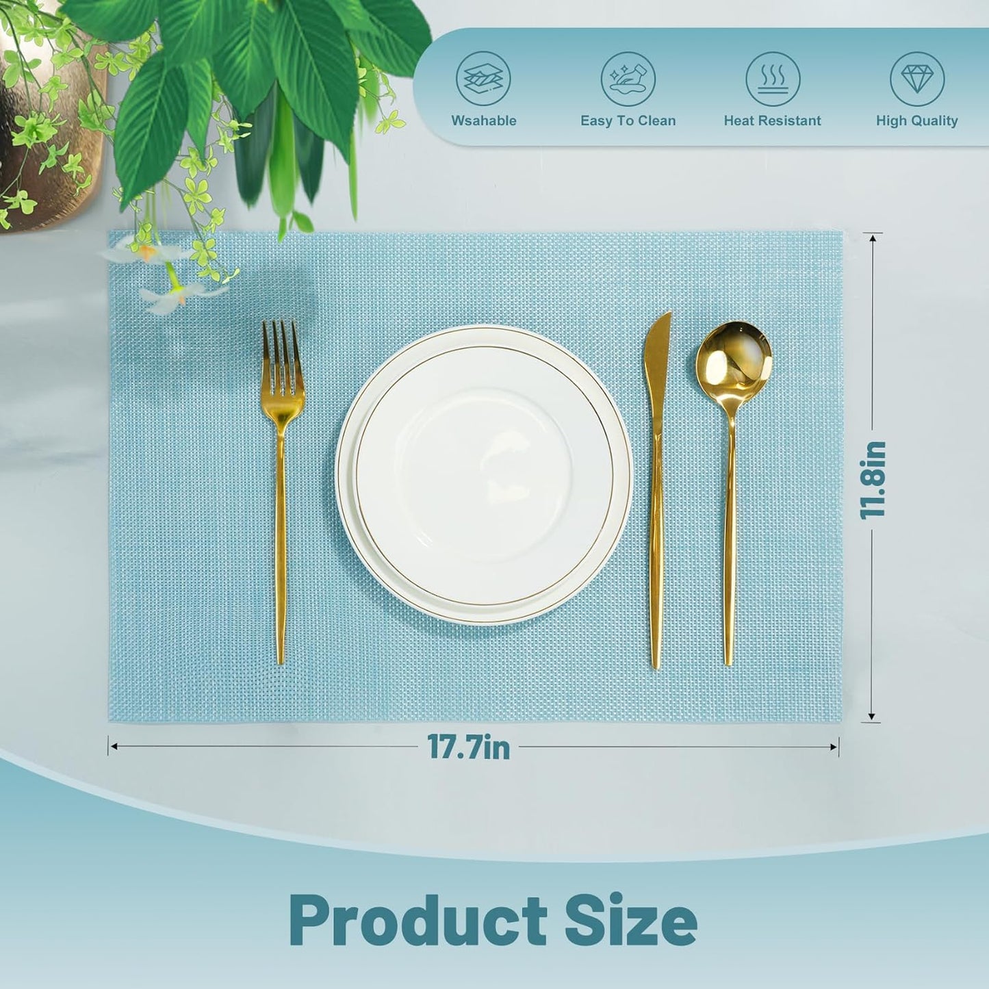 Placemats Set of 8,Non-Slip PVC Weave Table Mats Easy to Clean,Heat Resistant Place Mats for Kitchen Dining Table Decoration Indoor Outdoor,Blue