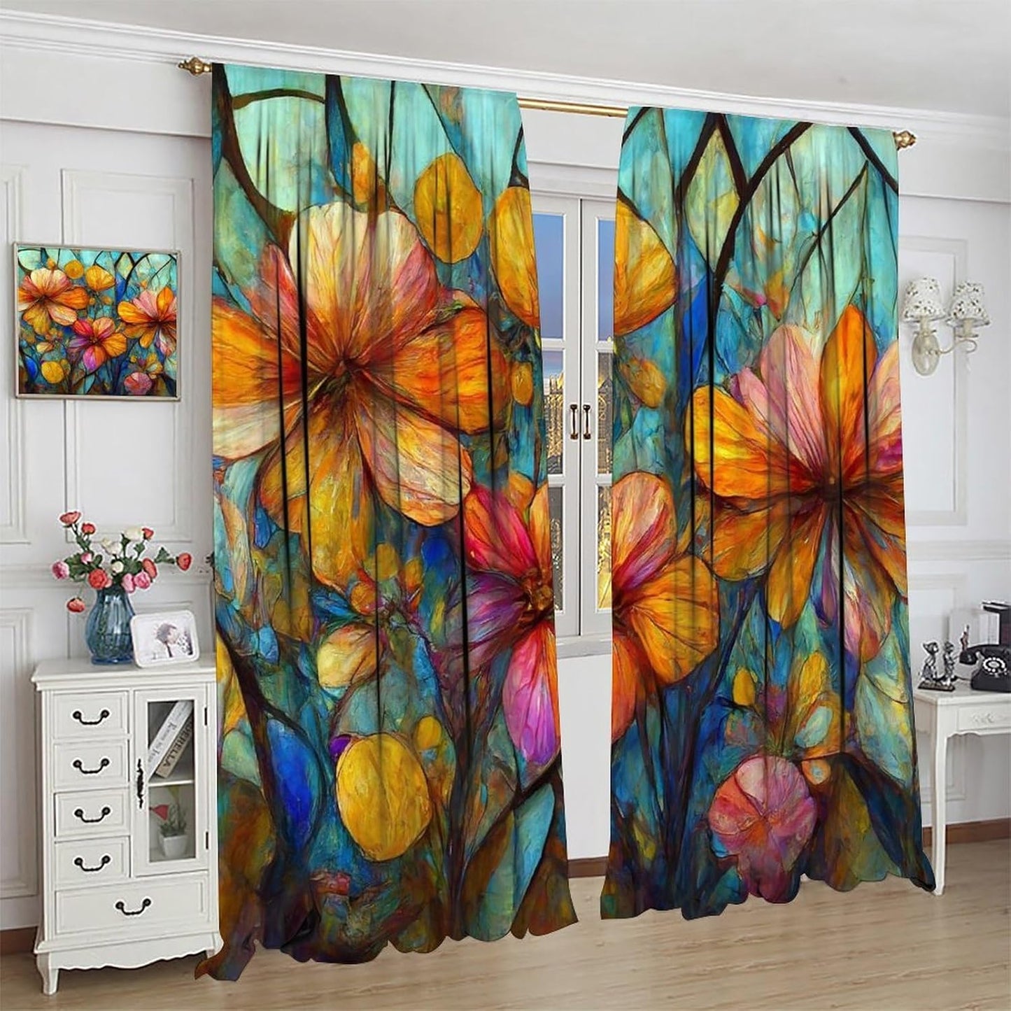 Stained Glass Curtains,Magic Forest Colorful Flowers Abstract Art Home Decor Drapes for Bedroom Living Room Kitchen Window Treatment 2 Panels Set Total Size 63" W X 72" L Inch