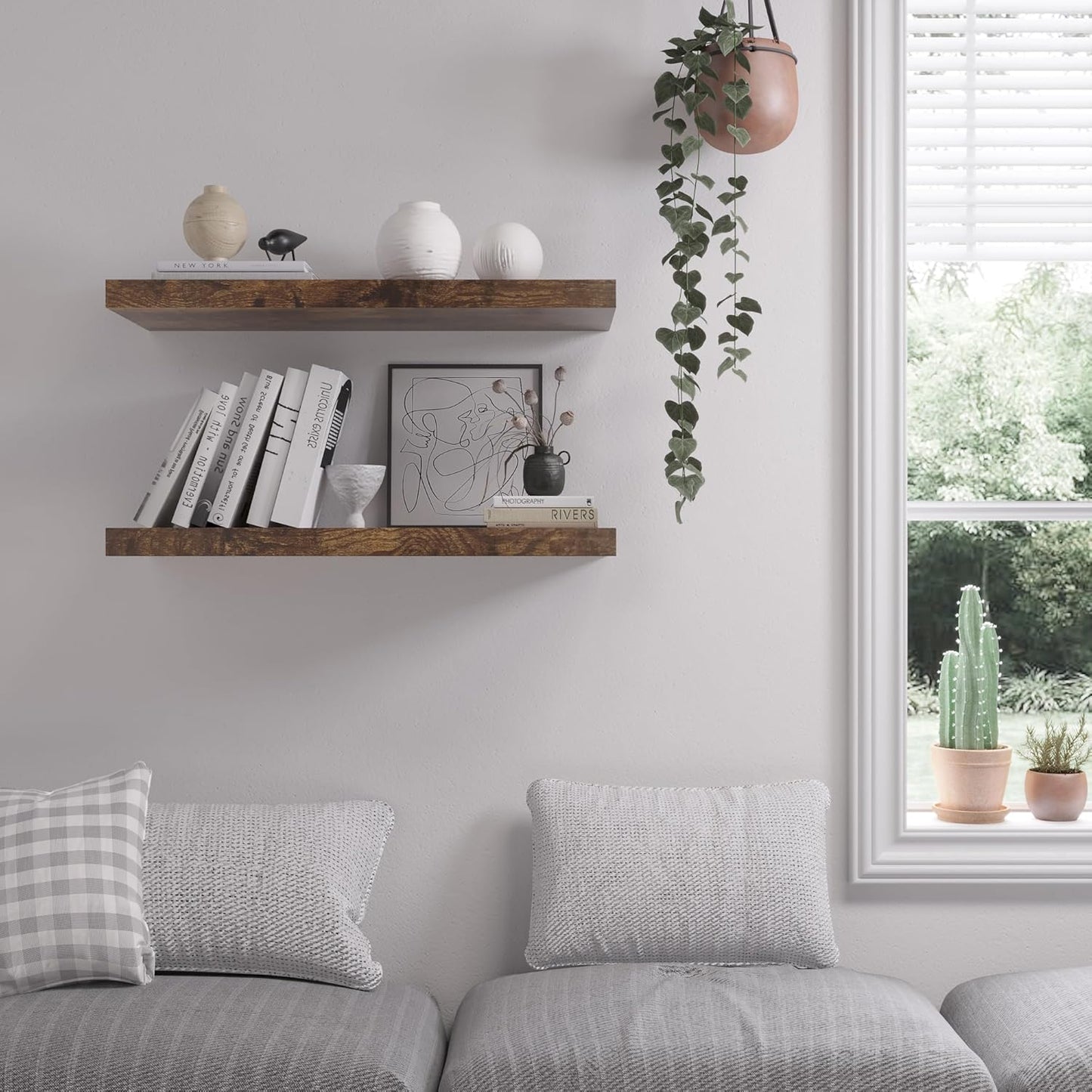 Floating Shelf, Set of 2 Wall Shelf, 36 in W x 12.75 in D x 2 in H Wooden Floating Wall Shelf with Invisible Brackets for Living Room/Bedroom/Bathroom/Kitchen Storage and Decor, Rustic Brown