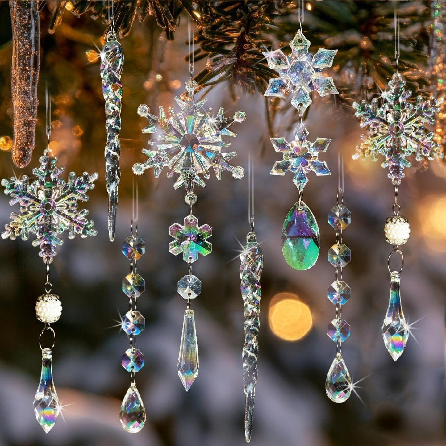 Christmas Tree Decorations Crystal Ornaments - 18pcs Iridescent Christmas Ornaments Acrylic Snowflakes Icicle Drop Crystal Hanging Ornaments for Xmas Tree Winter Holiday Frozen Party Decorations