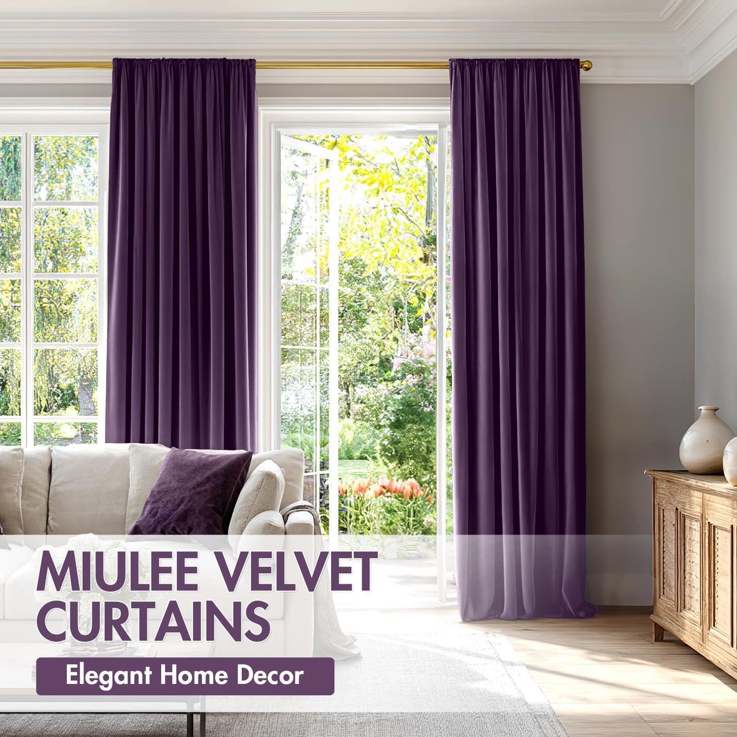 MIULEE Purple Velvet Curtains Thermal Insulated Blackout Curtain Drapes for Bedroom Living Room Darkening 108 Inches Long Curtains Panels Rod Pocket Set of 2