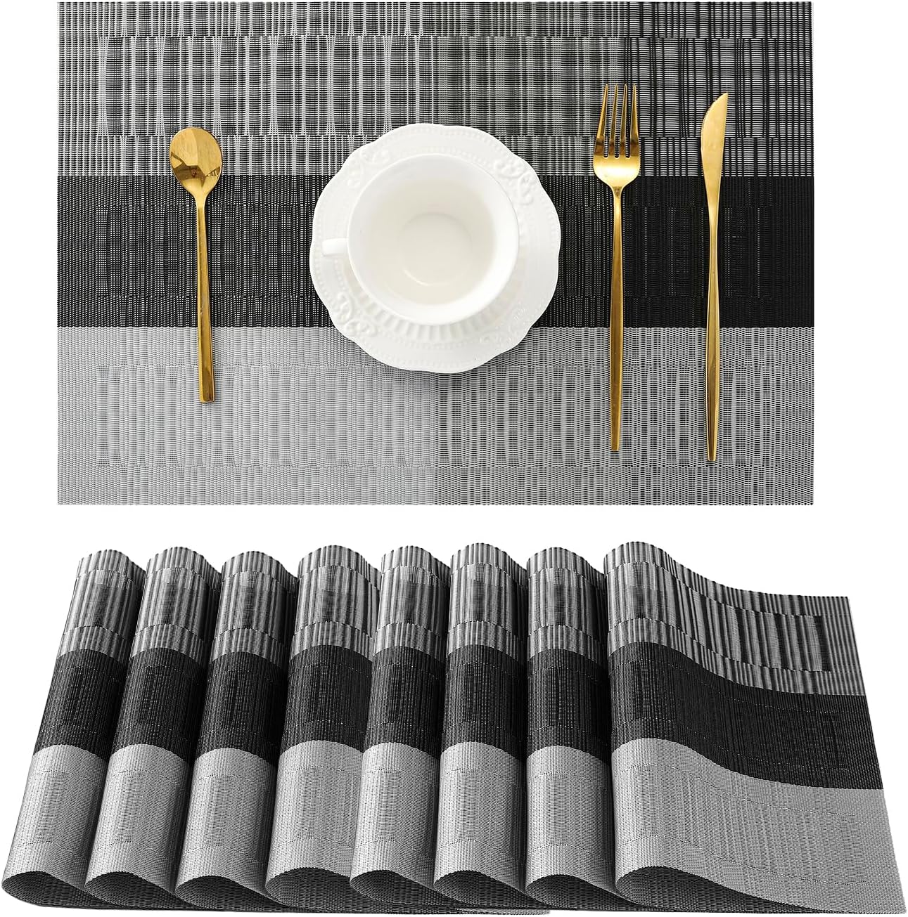 Leetaltree Grey with White Striped Placemats Set of 8 - Heat Resistant Non-Slip Place mats for Dining Table, Washable Durable PVC Vinyl Woven Table Mats(Grey Stripe, 8)
