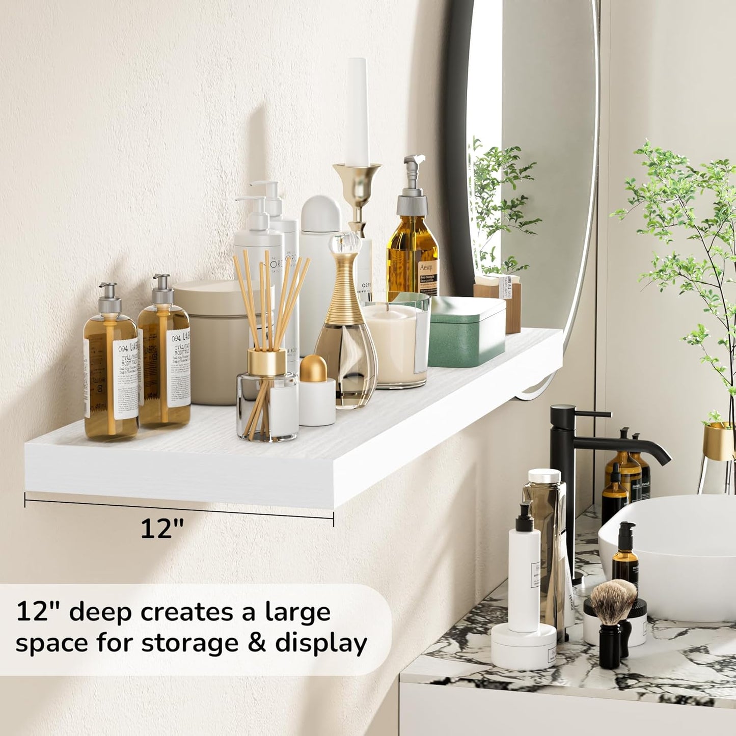 Fun Memories Floating Shelves - 2 Pack 12 Inch Rustic Wooden Wall Shelves - Extra Deeper & Thicker Wall Mounted Storage Shelf for Living Room, Kitchen, Farmhouse - 36" W x 12" D x 1.8" H - White