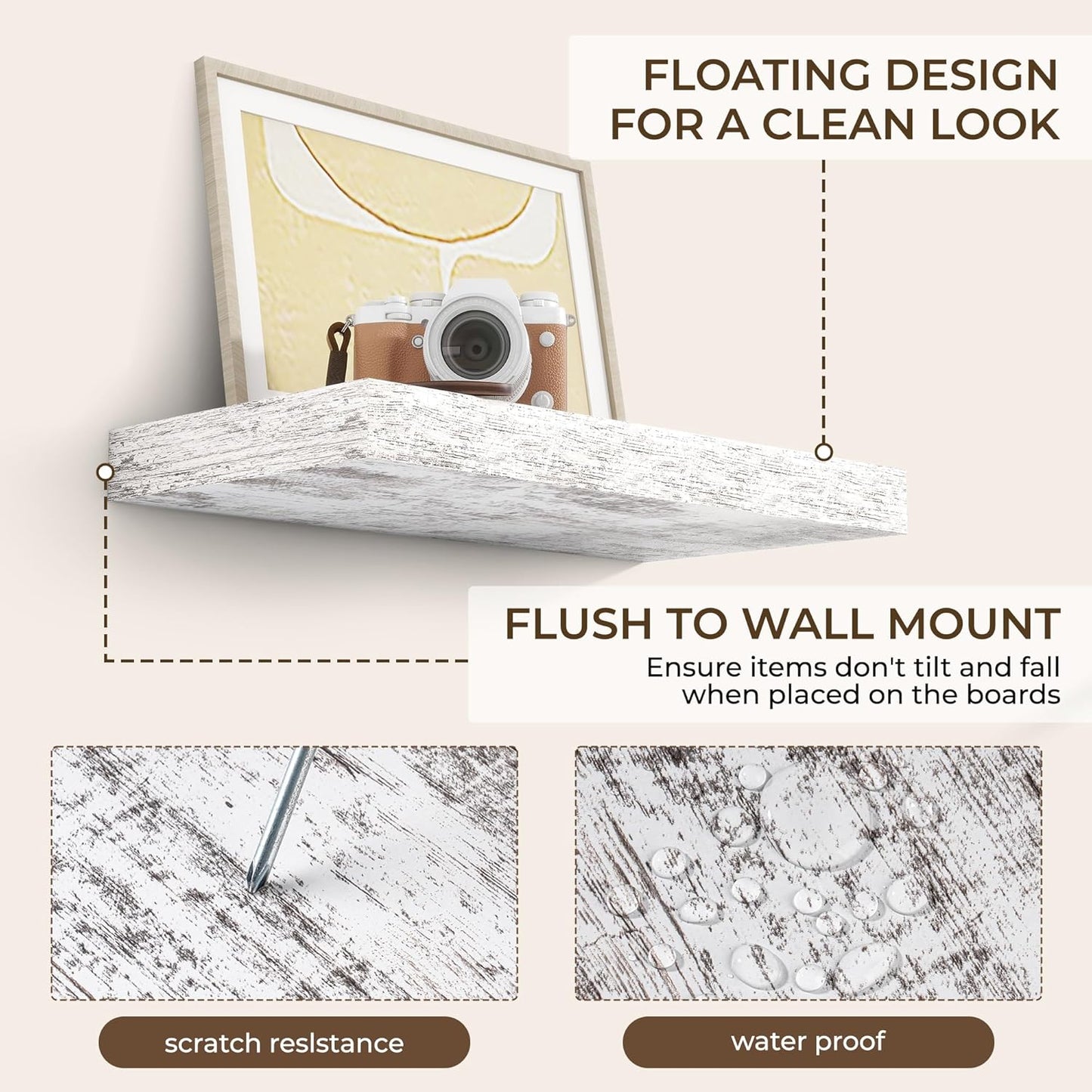 RICHFOCUS 16Inch Floating Shelves for Wall 2 Pack Shelves for Bedroom|Kitchen|Bathroom Wall Mounted Rustic Distressed Wood Floating Shelf with Invisible Brackets for Books|Storage|Decor, Rustic