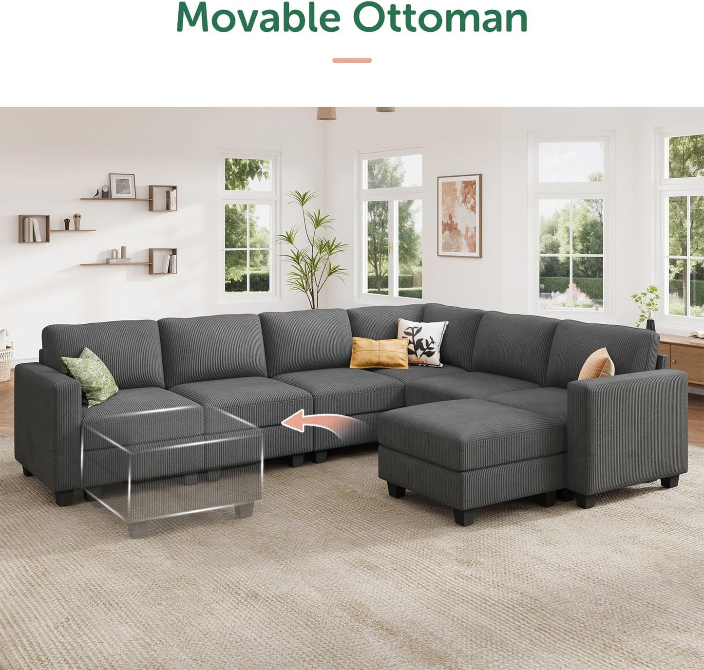 HONBAY Corduroy Modular Sectional Sofa with 5 Seaters, Sectional Corner Sofa with Chaise, L Shape Couches for Living Room, Dark Gray