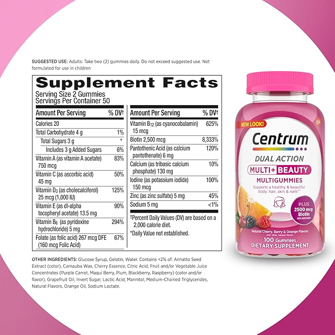 Centrum MultiGummies Multi+ Beauty Dual Action Multivitamin, Specially Designed with Biotin for Healthy Hair, Skin and Nails, Cherry/Berry/Orange Flavors - 100 Count