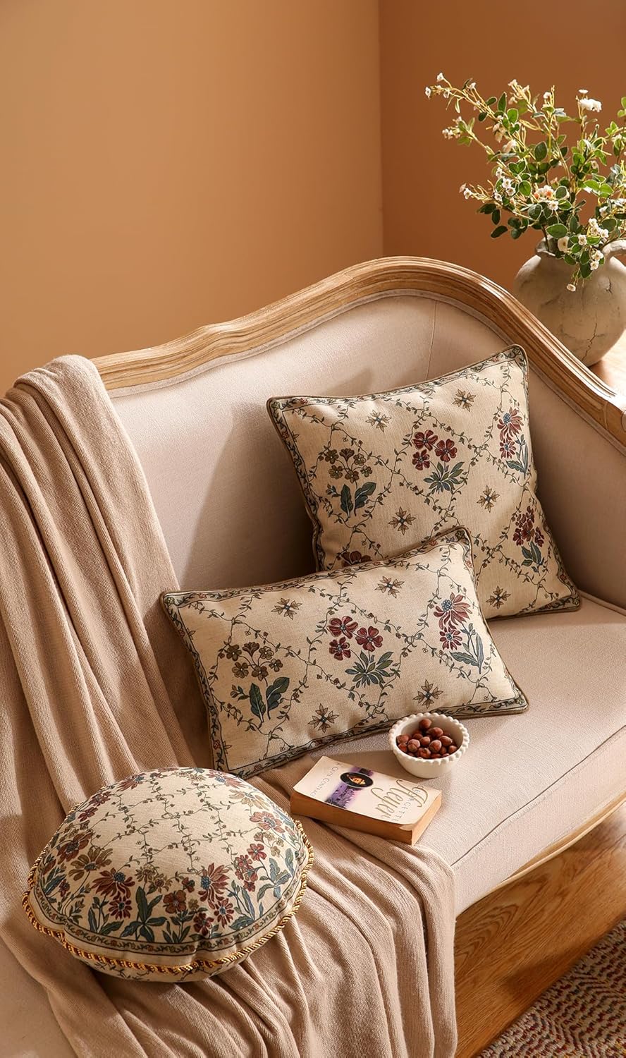 patdrea Designer Throw Pillow Covers Set of 4,Euro Vintage Light Brown Linen with Floral Collection Pattern Pillow Cover,Decorative Square Lumbar Round Pillowcases Cushion for Bed Living Room Car