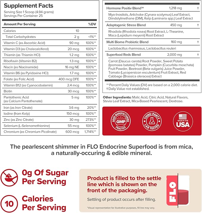 FLO Women’s Endocrine Superfood Powder – Supports Healthy Cortisol Levels, Hormonal Balance, Thyroid & Gut Health – Multivitamin Plus Rhodiola, DIM, Myo-Inositols, Red Superfood – 25 Servings