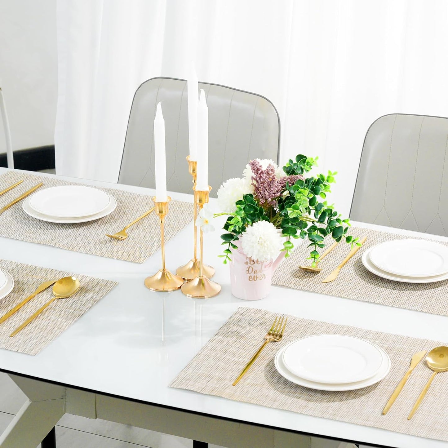Placemats Set of 6,Non-Slip PVC Weave Table Mats Easy to Clean,Heat Resistant Place Mats for Kitchen Dining Table Decoration Indoor Outdoor,Beige White