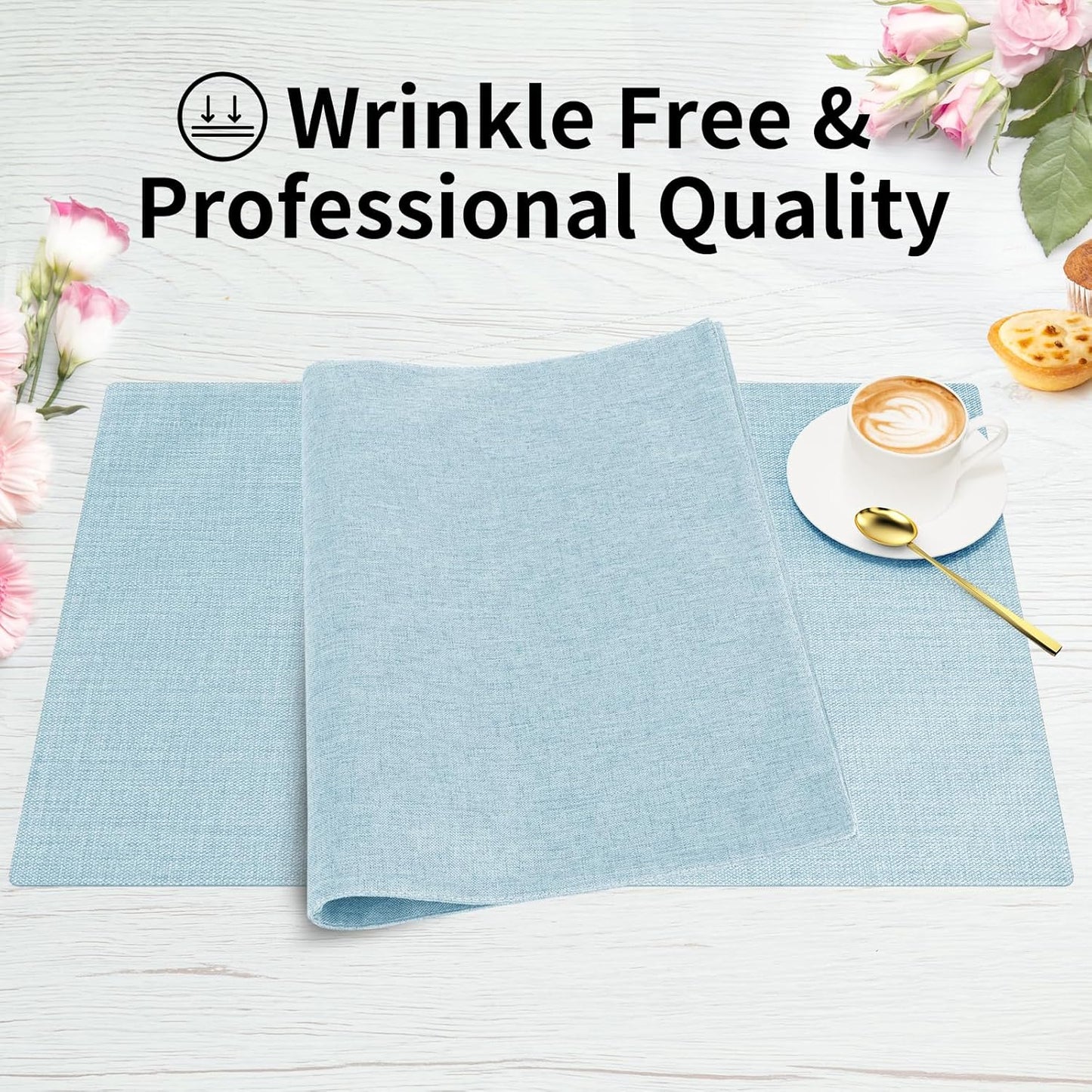 Cloth Placemats, Set of 4 Heat-Resistant Cotton Linen Blend Double Layered Machine Washable Place Mats, Wrinkle Free Thick Fabric Dining Table Mats for Indoors & Outdoors (Sky Blue, 4)