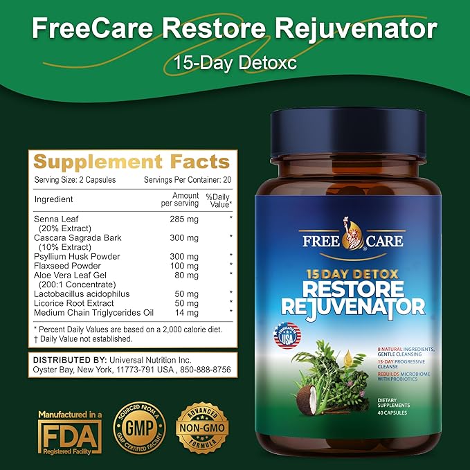 FreeCare 15 Day Gut Cleanse, Colon Broom Cleanser & Detox for Weight Loss, Best Weight Loss Pills for Women & Men, Laxatives for Weight Loss Fast, Super Colon Cleanse Products, 40 Capsules, 2 Daily