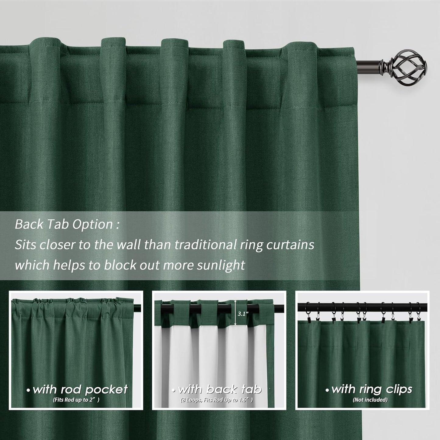 BOODII 100 Inch Blackout Curtains 2 Panels Set Back Tab Rod Pocket Thermal Insulated Green Linen Black Out Curtains Noise Reducing Living Room Darkening Window Drapes Linen Textured 52x100