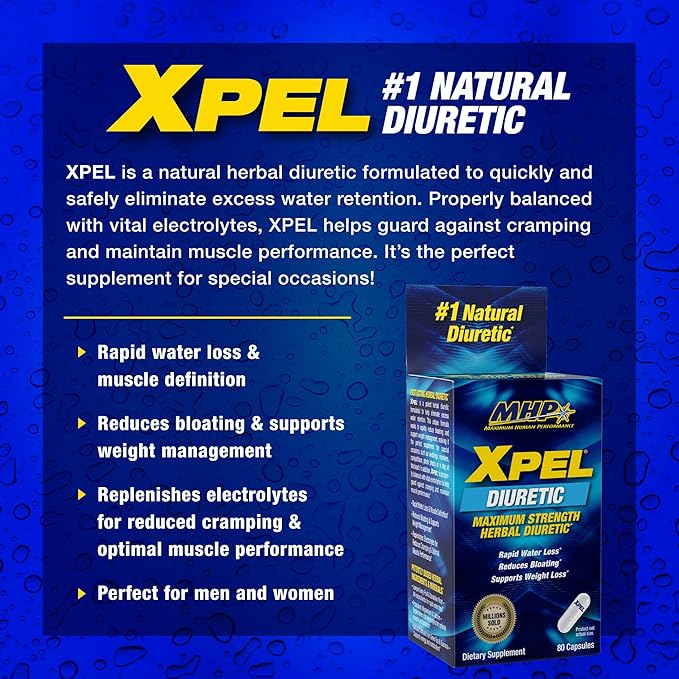 MHP Xpel Maximum Strength Diuretic Water Pills, for Water Retention Relief, Weight loss Support, with Vitamin B-6 Potassium Dandelion Root, 80 Capsules
